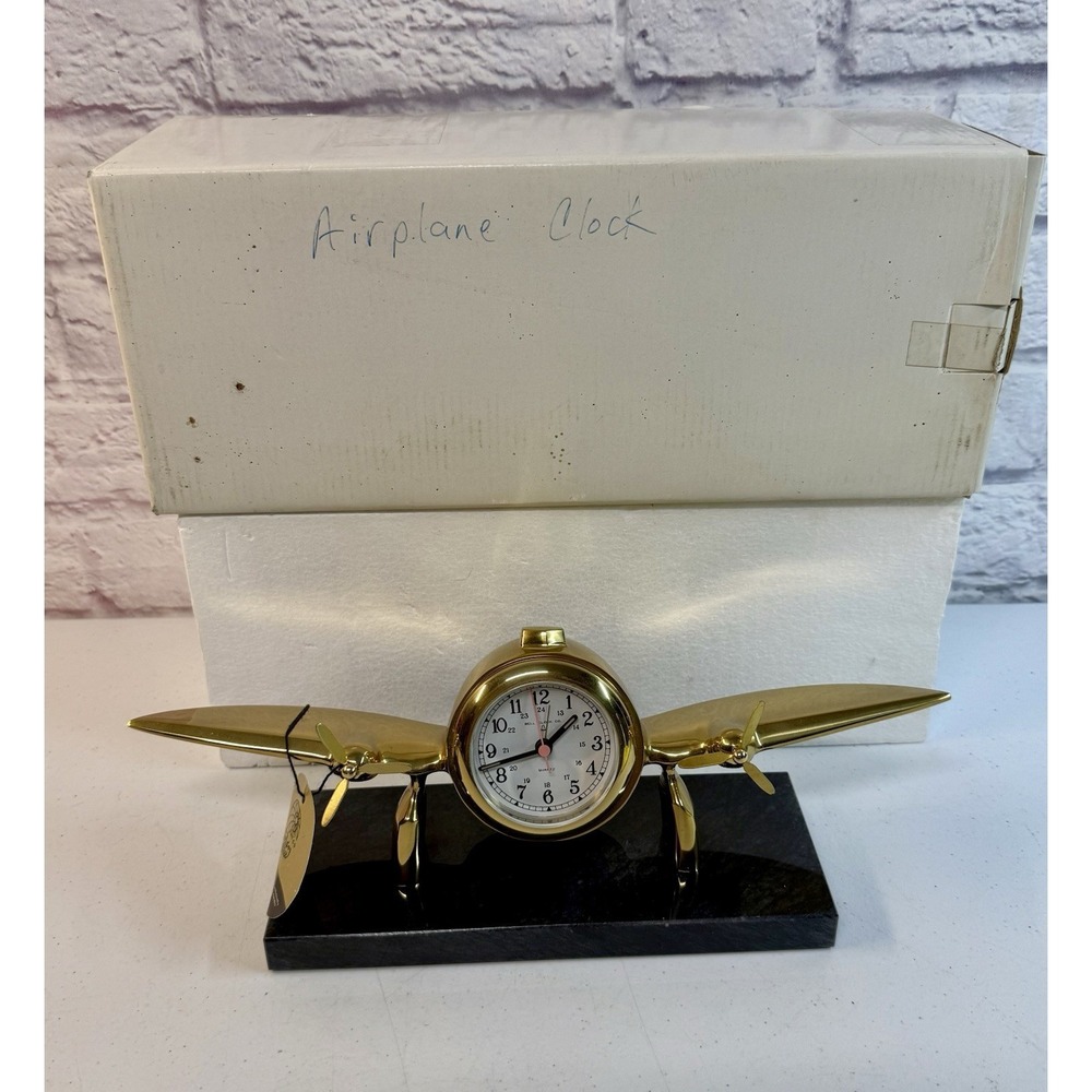 Vintage Solid Brass Airplane Desk Clock By Bell Clock Co. Gatco *BRAND NEW*